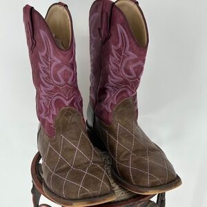 Roper Kids Western Boots Leather Burgundy Purple Square Toe Embroidery Size 7